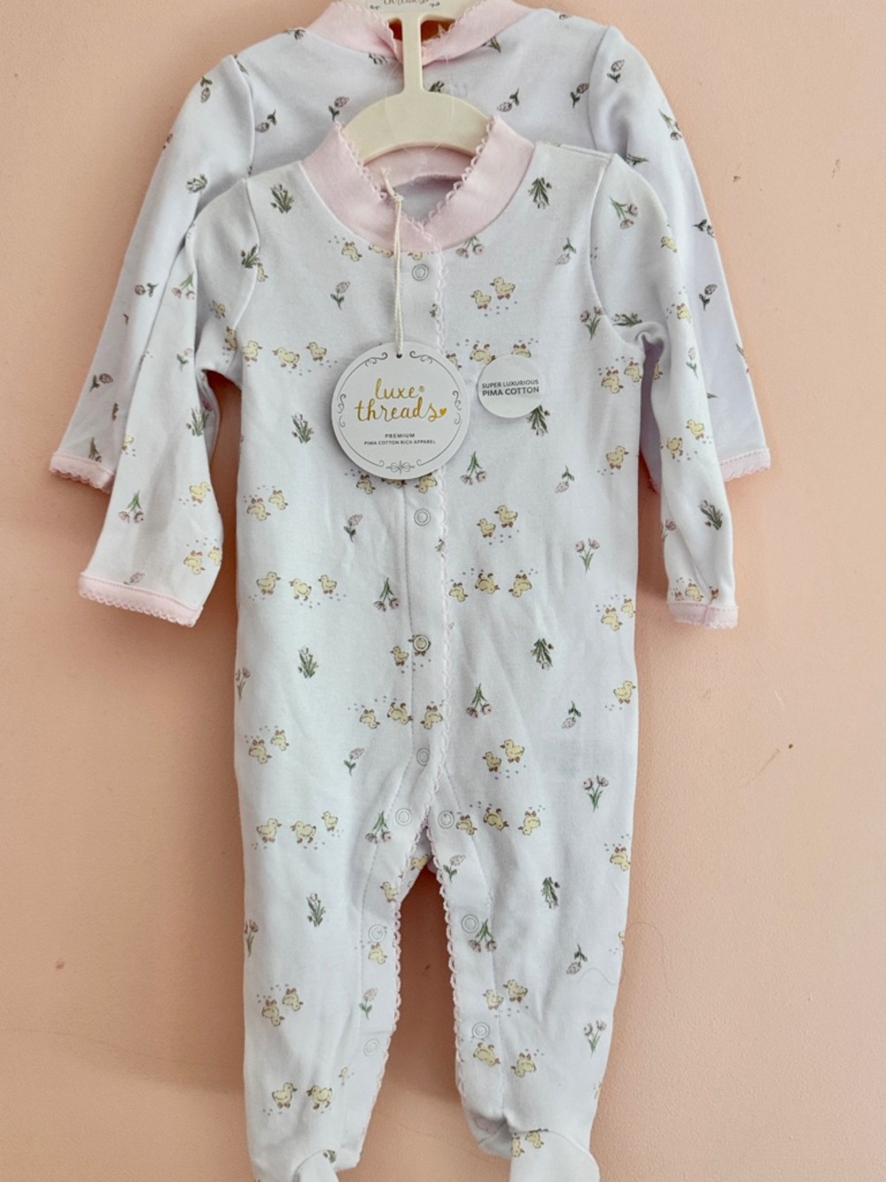 2 piece Baby Floral and Spring Chick. Footed One-Piece - Pink Trim 
3-6mo